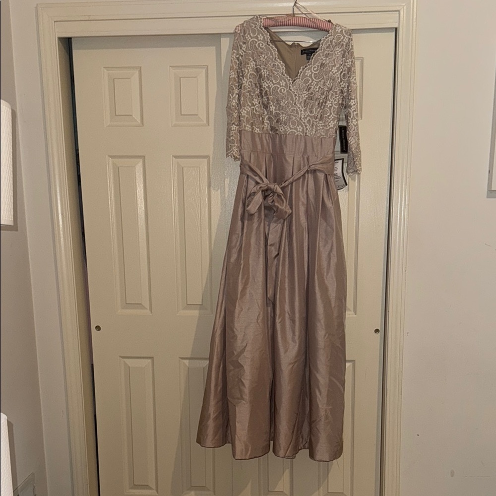 Jessica Howard Embellished Tie Front Gown in Brown and Cream